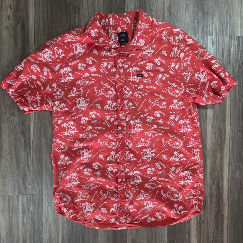 RVCA Mens Salton Sea Aloha Shirt Red Cotton Linen Button Up Large Regular Fit